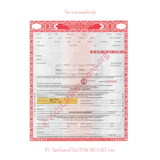 This is an Example of Kentucky Certificate of Title (TC 96-180, 5-05) Front View | Kids Car Donations